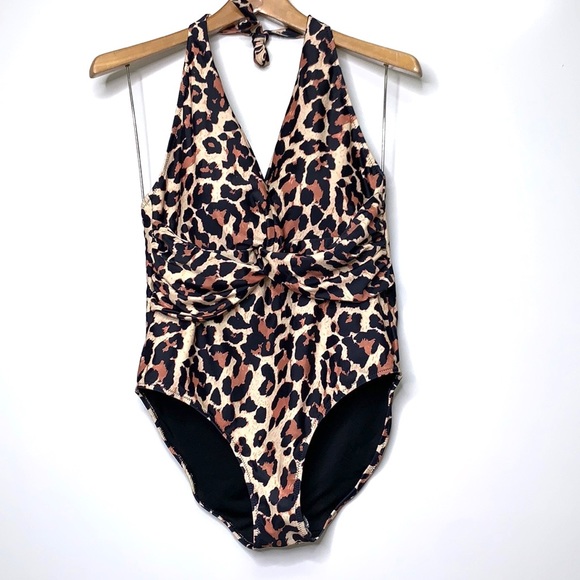 NEW RXRXCOCO Cheetah Animal Print One Piece Halter Tie Bikini Swimsuit Large - Picture 2 of 8